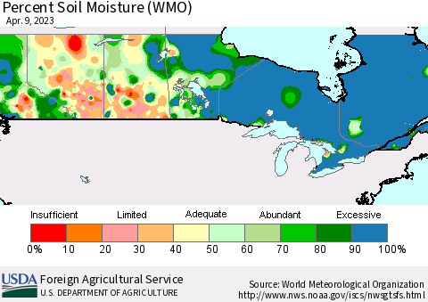 Canada Percent Soil Moisture (WMO) Thematic Map For 4/3/2023 - 4/9/2023