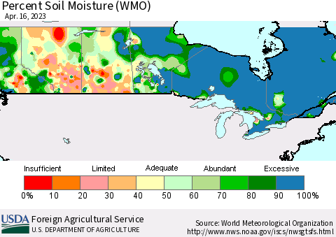 Canada Percent Soil Moisture (WMO) Thematic Map For 4/10/2023 - 4/16/2023