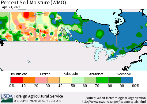 Canada Percent Soil Moisture (WMO) Thematic Map For 4/17/2023 - 4/23/2023