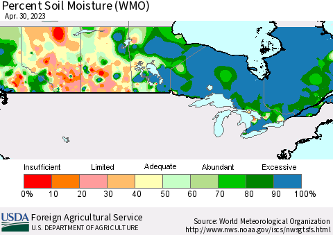 Canada Percent Soil Moisture (WMO) Thematic Map For 4/24/2023 - 4/30/2023