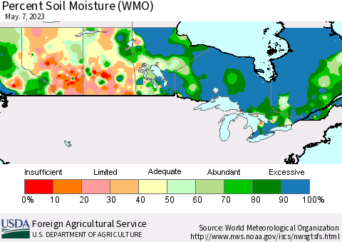 Canada Percent Soil Moisture (WMO) Thematic Map For 5/1/2023 - 5/7/2023