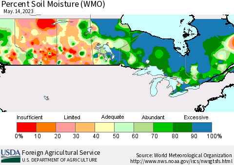 Canada Percent Soil Moisture (WMO) Thematic Map For 5/8/2023 - 5/14/2023
