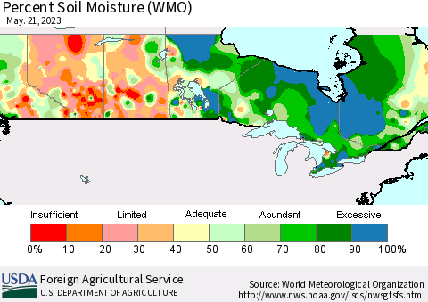 Canada Percent Soil Moisture (WMO) Thematic Map For 5/15/2023 - 5/21/2023