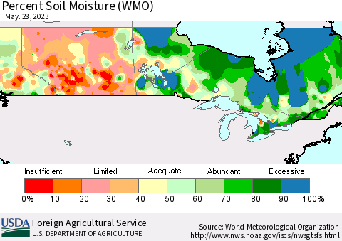 Canada Percent Soil Moisture (WMO) Thematic Map For 5/22/2023 - 5/28/2023
