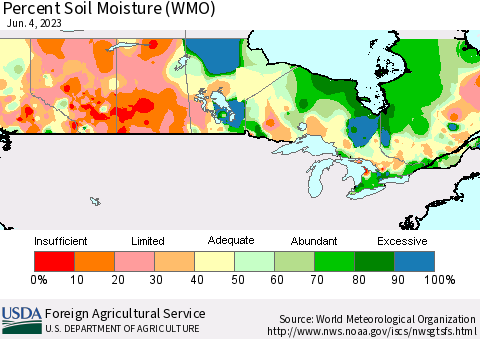 Canada Percent Soil Moisture (WMO) Thematic Map For 5/29/2023 - 6/4/2023