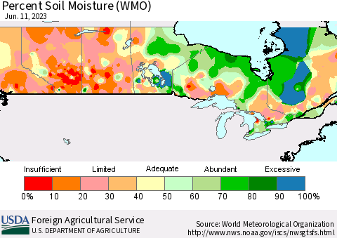 Canada Percent Soil Moisture (WMO) Thematic Map For 6/5/2023 - 6/11/2023