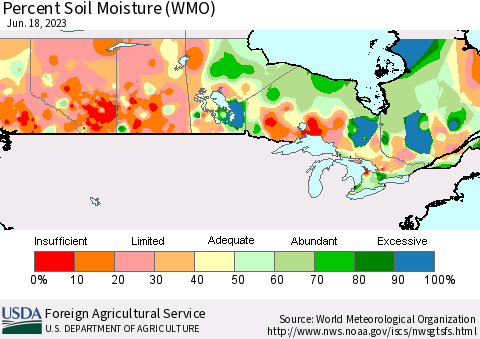Canada Percent Soil Moisture (WMO) Thematic Map For 6/12/2023 - 6/18/2023