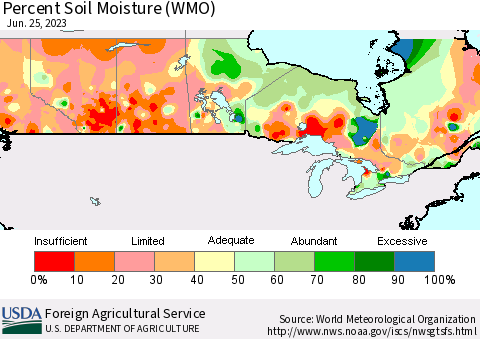 Canada Percent Soil Moisture (WMO) Thematic Map For 6/19/2023 - 6/25/2023