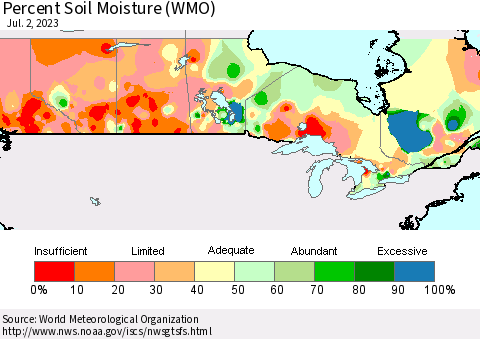 Canada Percent Soil Moisture (WMO) Thematic Map For 6/26/2023 - 7/2/2023