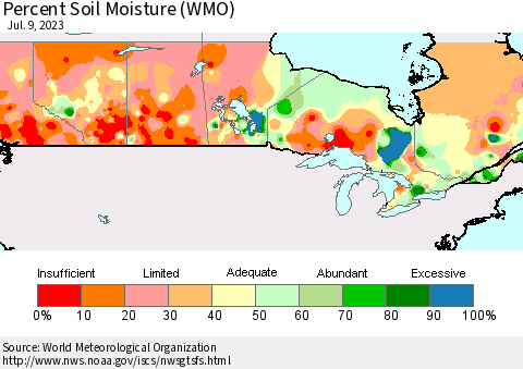 Canada Percent Soil Moisture (WMO) Thematic Map For 7/3/2023 - 7/9/2023