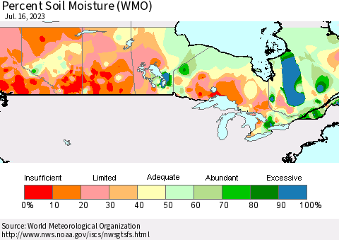 Canada Percent Soil Moisture (WMO) Thematic Map For 7/10/2023 - 7/16/2023