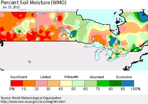 Canada Percent Soil Moisture (WMO) Thematic Map For 7/17/2023 - 7/23/2023