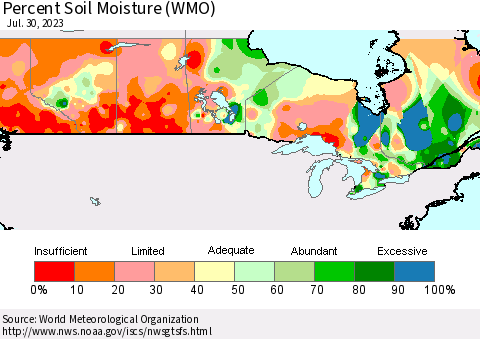 Canada Percent Soil Moisture (WMO) Thematic Map For 7/24/2023 - 7/30/2023