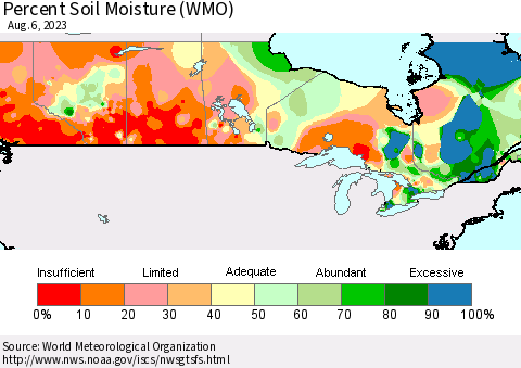 Canada Percent Soil Moisture (WMO) Thematic Map For 7/31/2023 - 8/6/2023