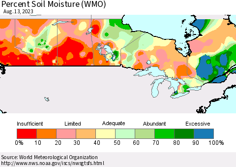 Canada Percent Soil Moisture (WMO) Thematic Map For 8/7/2023 - 8/13/2023