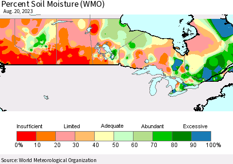 Canada Percent Soil Moisture (WMO) Thematic Map For 8/14/2023 - 8/20/2023