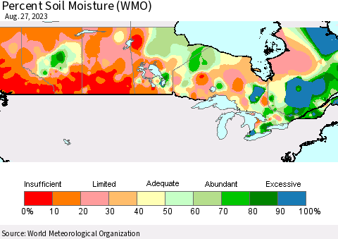 Canada Percent Soil Moisture (WMO) Thematic Map For 8/21/2023 - 8/27/2023