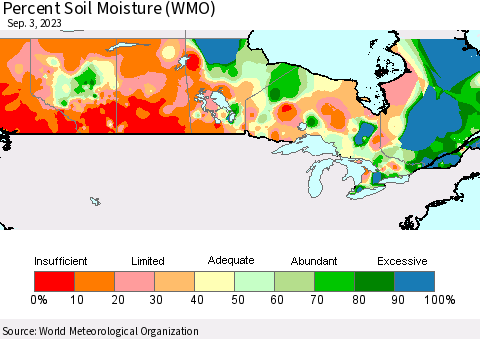 Canada Percent Soil Moisture (WMO) Thematic Map For 8/28/2023 - 9/3/2023