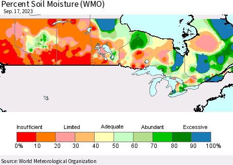 Canada Percent Soil Moisture (WMO) Thematic Map For 9/11/2023 - 9/17/2023