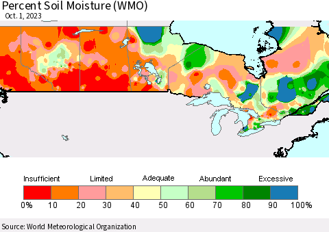 Canada Percent Soil Moisture (WMO) Thematic Map For 9/25/2023 - 10/1/2023