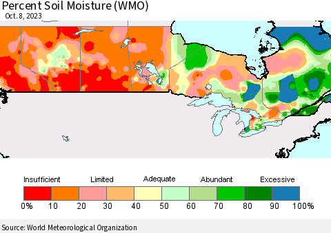 Canada Percent Soil Moisture (WMO) Thematic Map For 10/2/2023 - 10/8/2023