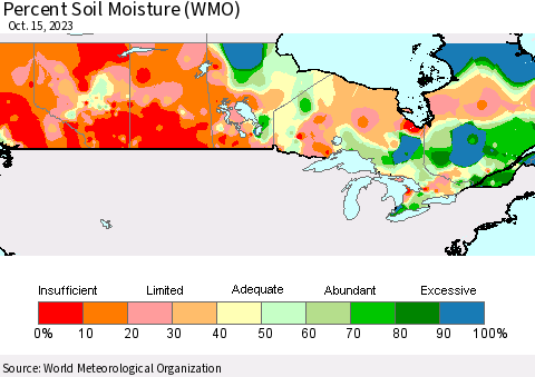 Canada Percent Soil Moisture (WMO) Thematic Map For 10/9/2023 - 10/15/2023