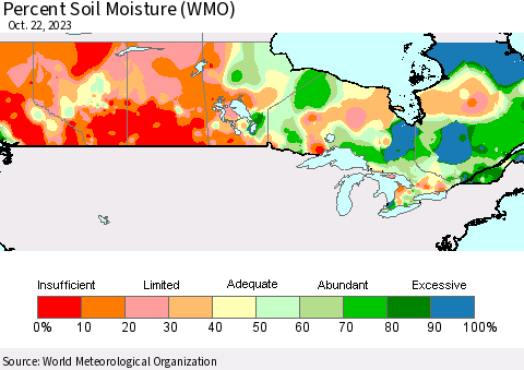 Canada Percent Soil Moisture (WMO) Thematic Map For 10/16/2023 - 10/22/2023