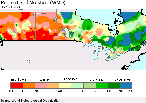 Canada Percent Soil Moisture (WMO) Thematic Map For 10/23/2023 - 10/29/2023