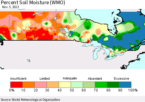 Canada Percent Soil Moisture (WMO) Thematic Map For 10/30/2023 - 11/5/2023