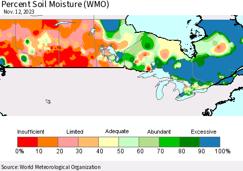 Canada Percent Soil Moisture (WMO) Thematic Map For 11/6/2023 - 11/12/2023