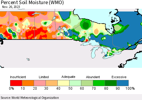Canada Percent Soil Moisture (WMO) Thematic Map For 11/20/2023 - 11/26/2023