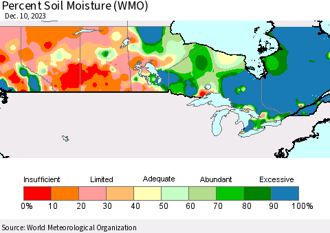 Canada Percent Soil Moisture (WMO) Thematic Map For 12/4/2023 - 12/10/2023