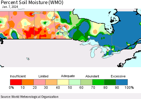 Canada Percent Soil Moisture (WMO) Thematic Map For 1/1/2024 - 1/7/2024