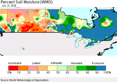 Canada Percent Soil Moisture (WMO) Thematic Map For 1/15/2024 - 1/21/2024
