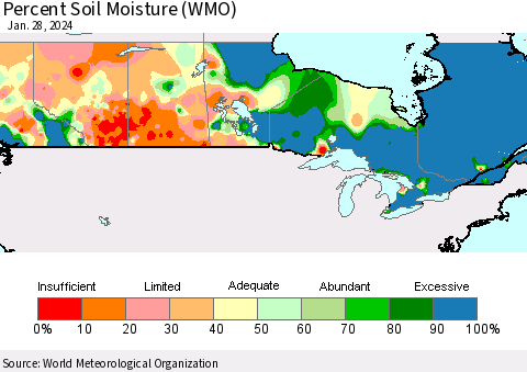 Canada Percent Soil Moisture (WMO) Thematic Map For 1/22/2024 - 1/28/2024