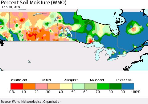 Canada Percent Soil Moisture (WMO) Thematic Map For 2/12/2024 - 2/18/2024