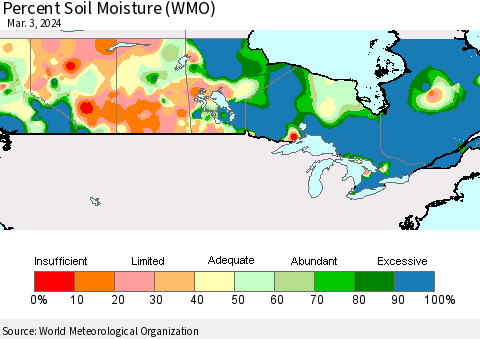Canada Percent Soil Moisture (WMO) Thematic Map For 2/26/2024 - 3/3/2024