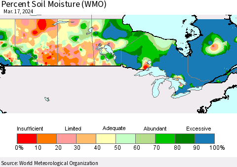 Canada Percent Soil Moisture (WMO) Thematic Map For 3/11/2024 - 3/17/2024