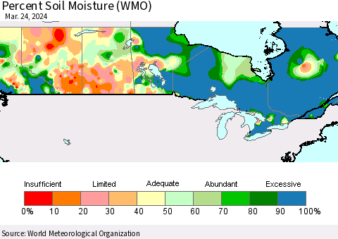 Canada Percent Soil Moisture (WMO) Thematic Map For 3/18/2024 - 3/24/2024