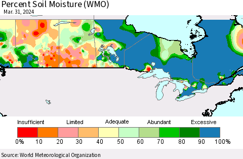 Canada Percent Soil Moisture (WMO) Thematic Map For 3/25/2024 - 3/31/2024