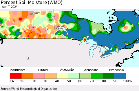 Canada Percent Soil Moisture (WMO) Thematic Map For 4/1/2024 - 4/7/2024