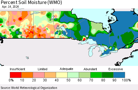 Canada Percent Soil Moisture (WMO) Thematic Map For 4/8/2024 - 4/14/2024