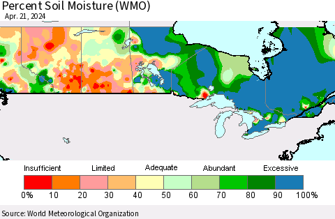 Canada Percent Soil Moisture (WMO) Thematic Map For 4/15/2024 - 4/21/2024