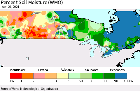 Canada Percent Soil Moisture (WMO) Thematic Map For 4/22/2024 - 4/28/2024