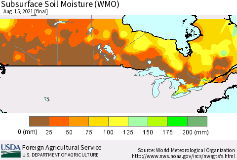Canada Subsurface Soil Moisture (WMO) Thematic Map For 8/9/2021 - 8/15/2021