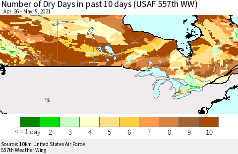 Canada Number of Dry Days in past 10 days (USAF 557th WW) Thematic Map For 5/1/2021 - 5/5/2021