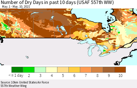 Canada Number of Dry Days in past 10 days (USAF 557th WW) Thematic Map For 5/6/2021 - 5/10/2021