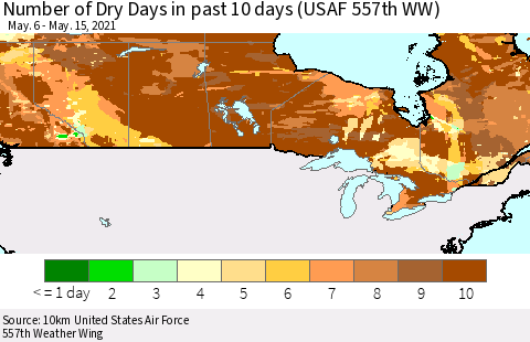 Canada Number of Dry Days in past 10 days (USAF 557th WW) Thematic Map For 5/11/2021 - 5/15/2021