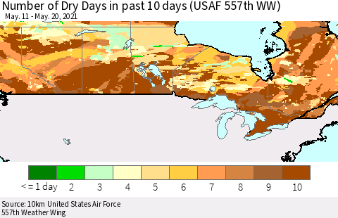 Canada Number of Dry Days in past 10 days (USAF 557th WW) Thematic Map For 5/16/2021 - 5/20/2021