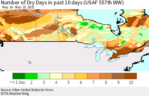 Canada Number of Dry Days in past 10 days (USAF 557th WW) Thematic Map For 5/21/2021 - 5/25/2021